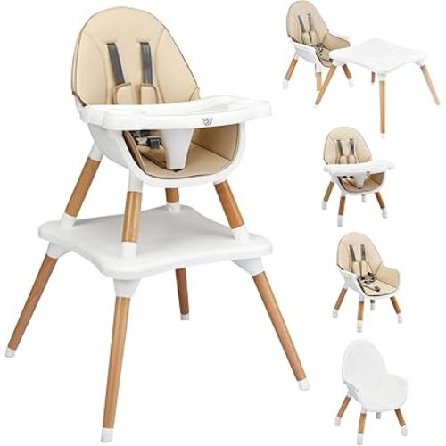 BABY JOY 5 in 1 High Chair, Convertible High Chairs for Babies and Toddlers/Booster Seat/Table and Chair Set, Infant Wooden Highchair w/ 5-Point Harness, 4-Position Removable Tray & PU Cushion (Khaki)
