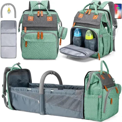 Diaper Bag Backpack, Large Baby Diaper Bags for Boys Girls, Baby Bag with USB Charging Port, Multifunction Waterproof Travel Back Pack for Moms Dads, Green Grey