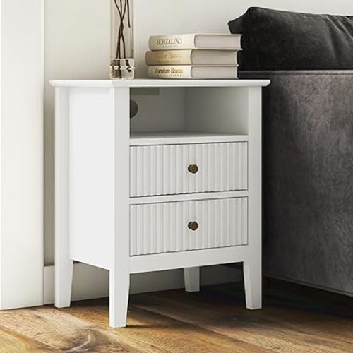 RoyalCraft White Fluted Nightstand with Charging Station, Modern Sofa Table with 2 Storage Drawers Cabinet, Wood Tall End Table for Bedroom, Living Room