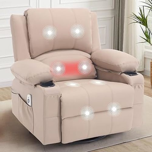 Faux Leather Swivel Rocker Recliner with Heat and Massage Cup Holders, Overstuffed Rocking Glider Chair Heated Massaging Reclining Chair,Beige