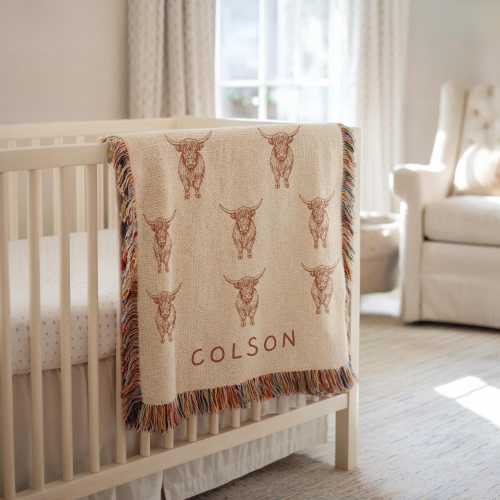 Highland Cow Baby Blanket Personalized – Custom Name Woven Throw, Rustic Western Nursery Decor, Farmhouse Crib/Toddler Gift