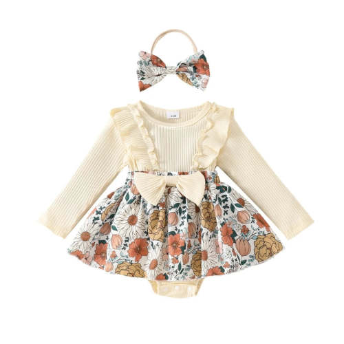 Baby Toddler Girls 2Pcs Fall Outfit Flower Print Ruffle Trim Long Slee – August + Willow