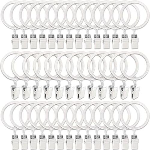 AMZSEVEN 40 Pack Metal Curtain Rings with Clips, Drapery Clips Hooks, Decorative Curtain Rod Clips Hangers 1.5 Inch Interior Diameter Eyelets, Rustproof White