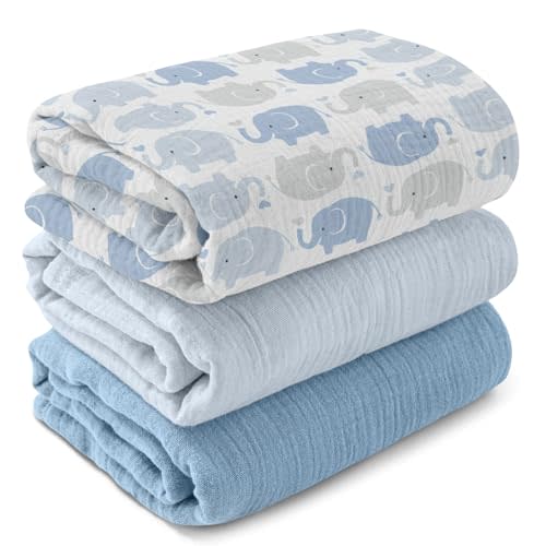 GLLQUEN BABY Muslin Swaddle Blankets for Newborn Boys, Large 40''x38'' | 3Pk, 100% cotton, ultra soft and breathable, gentle on sensitive newborn skin, Multi-use as swaddle wrap, receiving blankets