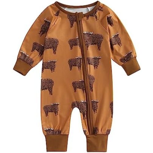 FIOMVA Newborn Western Baby Boy Clothes Highland Cow Print Onesie Jumpsuit Fall Outfit Zipper Cowboy One Piece Romper