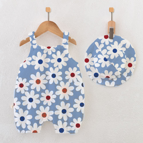 Baby Girl Flower Blue Romper with Hat