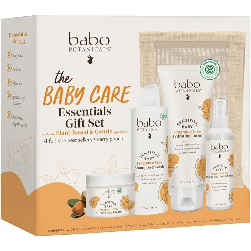 Babo Botanicals Baby Care Essentials Gift Set - Skincare, Bath & Diaper - For Delicate Skin, Fragrance-Free with Shea Butter, Includes Reusable Carry Pouch - Natural & Plant Based - 5 Items Set