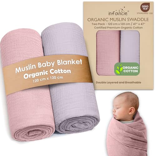 infancie Organic Cotton Muslin Baby Blanket - 47x47 Inch Breathable Swaddle, Hypoallergenic Double-Layer, Versatile Use (Light Pink/Light Purple, 47x47 Inch)