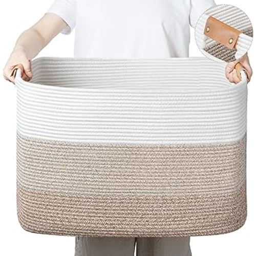 danpinera Large Blanket Basket, Rectangle Toy Storage Basket for Living Room, Nursery & Laundry, Large Cotton Rope Basket with Leather Handle, 22’’*17’’*11.8’’, 72L, Gradient Brown