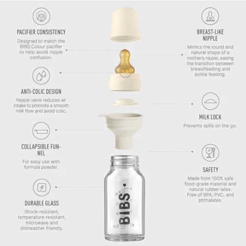 BIBS Baby Glass Bottle Complete Set 110 ml | BPA Free Natural Rubber | Made in Denmark | Ivory