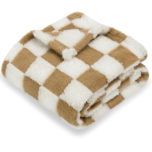 HOMRITAR Super Soft Baby Blanket for Boys Girls Warm Cozy Reversible Checkerboard Toddlers Blanket, Fluffy Fuzzy Plush Lightweight Bed Blanket with Chessboard Grid Design 380GSM Khaki 30 x 40 Inch