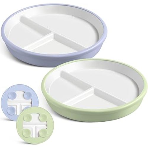 Domensi 8 Inch Porcelain Kids Plates with Anti-slip Silicone Sleeve White Divided Porcelain Plates with Suction for Toddler Microwave & Dishwasher Friendly(Blue, Green,2 Pcs)