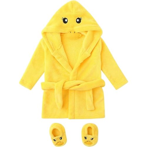 Baby Plush Bathrobe Footwear Cute Cartoon Duck Animal Robe Unisex Boys Girls Flannel Hooded Fleece Bathrobe