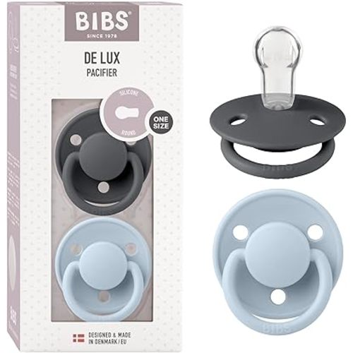 BIBS Pacifiers - De Lux Collection | BPA-Free Baby Pacifier | Made in Denmark | Set of 2 Iron/Baby Blue Color Premium Soothers | Size One Size