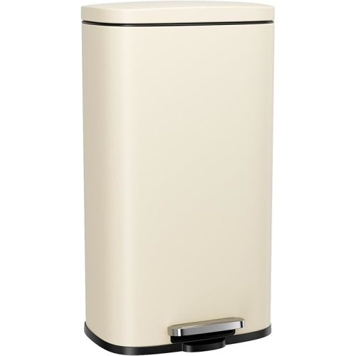 Arlopu 8/13.2 Gallon Step Trash Can, Stainless Steel Garbage Bin, Soft-Close Rubbish Bin with Removable Plastic Inner Bucket, Fingerprint-Proof, Lid Dustbin, Suit for Kitchen (Beige, 30L)
