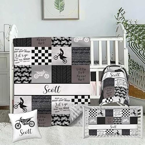 Custom Name Baby Crib Bedding Sets for Baby Boys, Personalized Motocross 2 Piece Baby Sets, Minky Dotted Backing Blanket, Fitted Sheet, Nursery Baby Sets for Newborn Toddler Infant