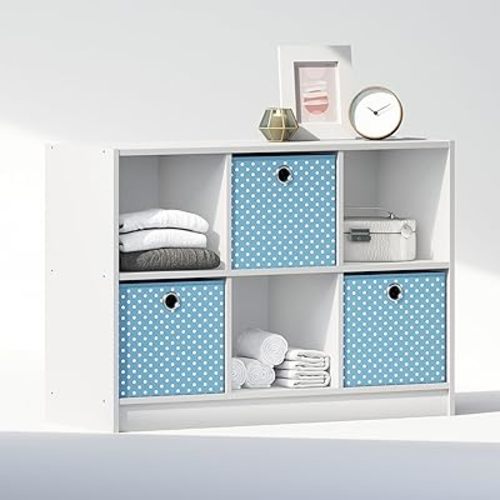 Furinno Cubic Multipurpose Clothing & Closet Storage Organizer Shelf with Bin Drawers, 6-Cube, White/Light Blue