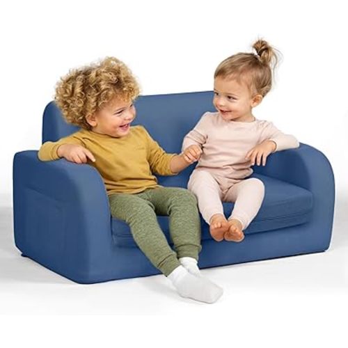 3-in-1 Extra Wide Convertible Kids Couch, Flip Open Toddler Couch to Lounger, Comfy Toddler Chair, Machine-Washable Kids Sofa for Girls, Kid Sofa Bed for Fun Playtime or Comfy Lounging, Dark Blue