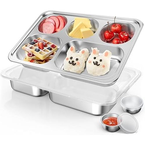 Stainless Steel Divided Plate for Kids Toddler, Non Toxic Portion Control Plate Dinner Plate with Lid for Adults Weight Loss, 2 Pack 5 Sections Rectangular Snack Plate Tray