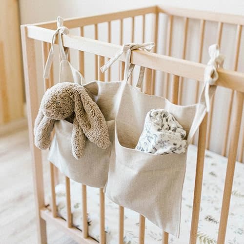 Baby Crib Cabin Bedside Storage Bag, Linen Hanging Pocket Baby Room Nursery Cot Caddy Bed Organizer for Clothing Diapers Drool Bibs Molar Toys
