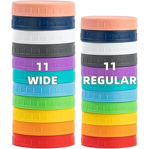 22 Pack Plastic Mason Jar Lids, 11 Wide Mouth & 11 Regular Mouth with Silicone Rings,Thickened Leak-proof Lids Fit Ball,Kerr and More, 86mm & 70mm(Multicolored)