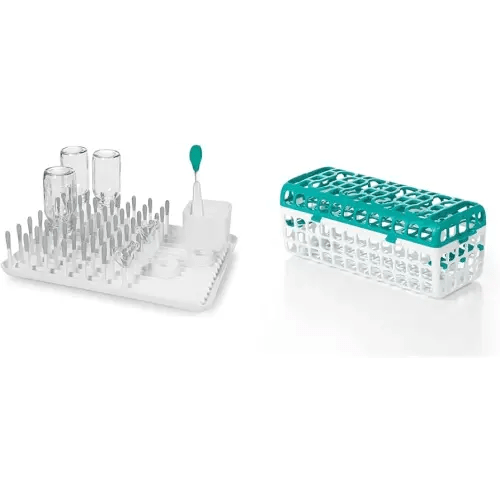 OXO Tot Bottle Drying Rack, Gray, 1 Count and Dishwasher Basket for Bottle Parts & Accessories, Teal, 1 Count