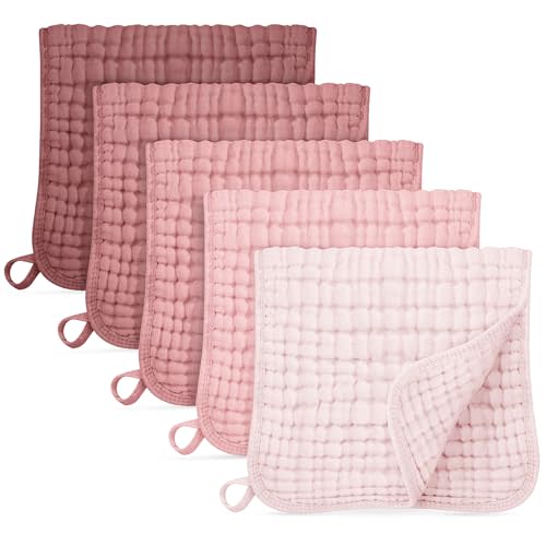 Unnivoll Muslin Burp Cloths for Baby 100% Cotton Burping Cloths for Boys Girls Large 20''X10'' Extra Soft and Absorbent 5 Pack - Gradient Pink