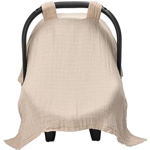 Meracorallo Muslin Baby Car Seat Cover, Lightweight Breathable Soft Infant Carrier Cover Carseat Canopy for Baby Boys and Girls, Beige