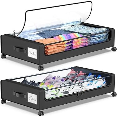Beborxue Under Bed Storage with Wheels, 2-Pack Underbed Storage Containers with Clear Lids, XXL 60L Under the bed storage Organizer Bins, Rolling Under Bed Metal Drawer for Clothes,Shoes,Toys (Black)