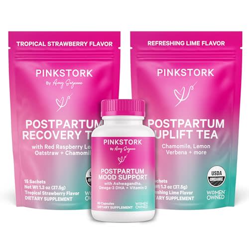 Pink Stork Postpartum Essentials for Hormone Balance, Recovery, and Mood Support for Women - Postnatal Vitamins with Ashwagandha, Raspberry Leaf Tea, and Chamomile Tea - Gifts for New Mom - Set of 3