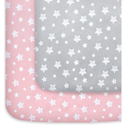 Mini Crib Sheets, 2 Pack Pack and Play Sheets, Stretchy Pack n Play Playard Fitted Sheet, Compatible with Graco Pack n Play, Soft and Breathable Material, Grey & Pink