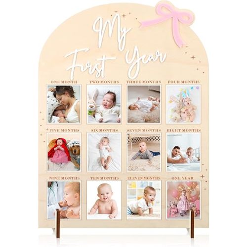 Weysat Pink Bow My First Year Photo Board, Wood 3D Coquette One Year of Photo 12 Months Monthly Milestone Board Picture Display Frame 1st Birthday Decorations Gift Bow Nursery Decor