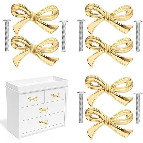 Bow Knobs for Dresser, 6PCS Metal Bow Dresser Knobs Vintage Handles Gold Handles for Home Kitchen Cabinet Hardware Cupboard