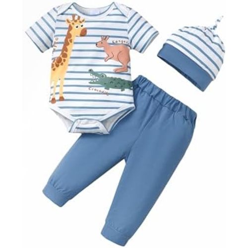 SUNNY PIGGY Baby Boy Clothes Newborn Boy Outfit Infant Romper Spring Summer Long Pants Set Hat 3PC