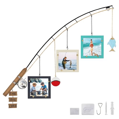Wood Fishing Pole Picture Frame,Three 4x4'' Picture Frames-Fishing Lake House Gifts,Real Fishing Rod Design,Adjustable Hanging Wall Decor for Cabin,Farmhouse,Fishing Lovers,Fisherman,Boy Room,Husband(Need Install)