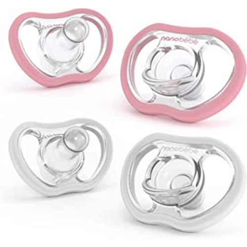 Nanobebe Active Baby Pacifiers 4-36 Months - Orthodontic, Lightweight and Vented, Curves Comfortably with Face Contour, 100% Silicone - BPA Free, Perfect Baby Registry Gift 4pk, White/Pink