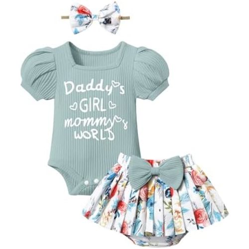 KANGKANG Baby Girl Clothes Short-sleeve Square Neck Romper + Floral Pleated Skirts Shorts Headband Spring Summer Outfits