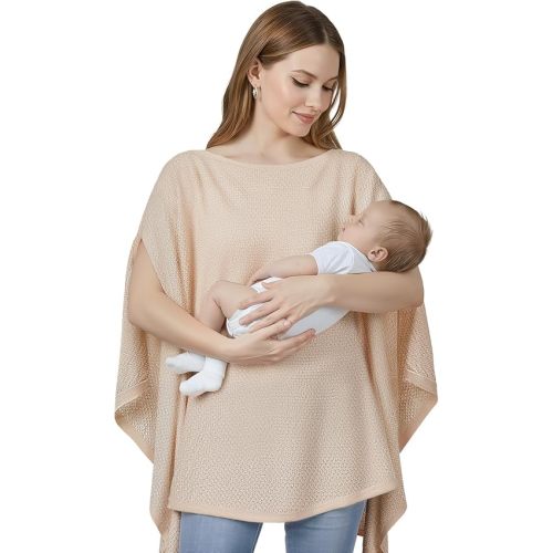 Knit Nursing Cover Up for Breastfeeding, Soft & Cozy Breastfeeding Poncho with Dual Side Slits, 360° Full Privacy Nursing Shawl with Laundry Bag, Beige