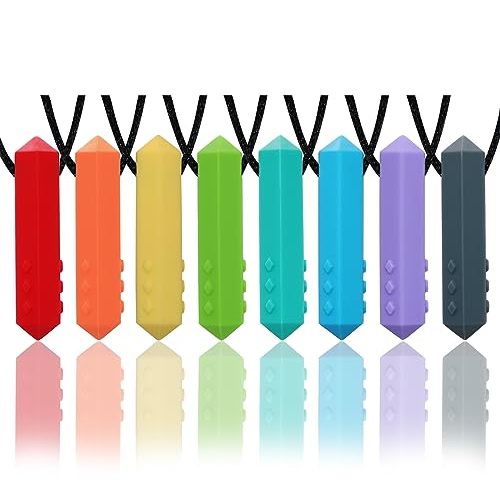 Chew Necklaces for Sensory Kids, 8 Pack Chewy Necklace Sensory Toys for Kids with Autism, ADHD, SPD, Biting, Silicone Teething Necklace Oral Chew Toys for Adults Reduce Chewing Anxiety Fidget
