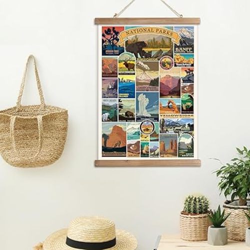 Comprehensive National Parks Display: Poster highlights a collection of USA national parks; each represented by a unique and colorful illustration capturing the essence of the park's landscapes and landmarks