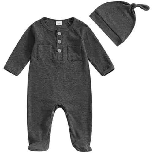 Newborn Baby Boy Girl Footies Romper Solid Button Long Sleeve Footed One-Piece Jumpsuit with Hat Coming Home Outfit