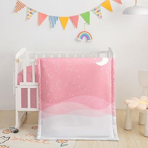 Crib Bedding Set, 3pcs Nursery Crib Covers with Comforter & Skirt, Pink Moon Printed Bedding for Baby Boys & Girls