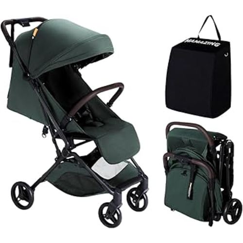 MAMAZING Lightweight Baby Travel Stroller with Carbon Fiber Frame, Compact & Airplane-Friendly, One-Handed Folding Design, 11.6 lbs, Perfect for Toddlers, Green