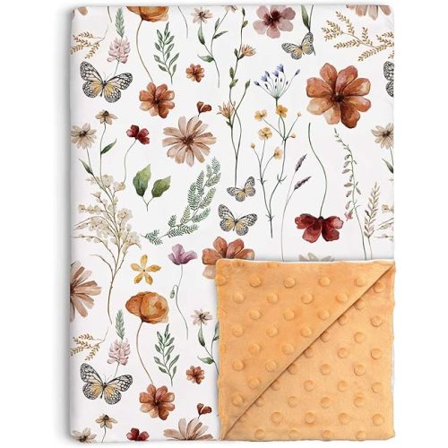 Wildflower Baby Blanket for Girls, Boho Flower Toddler Soft Minky Blanket with Double Layer Dotted Backing, Nursery Newborn Baby Receiving Blanket Butterfly Flower Garden, 30"x40"