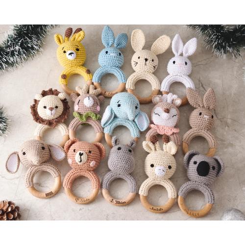 Personalized Crochet Toy Rattle For Shower Gift, Custom Wooden Rattle Ring For Newborn Gift,Christmas Gift For Babies,Name Engraved Rattle