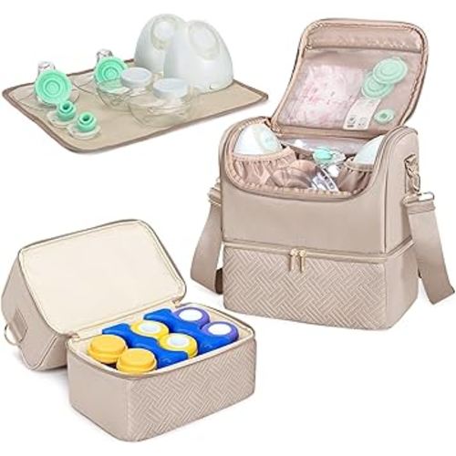 Fasrom Breast Pump Bag with Cooler Compartment Compatible with Momcozy, Medela and Willow Hands Free Pump, Pumping Tote with Waterproof Mat, Camel