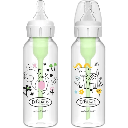 Dr. Brown's Natural Flow Anti-Colic Options+ Narrow Baby Bottle, Squirrel & Goat, 8 oz/250 mL, with Level 1 Slow Flow Nipple, BPA Free, 0m+, 2-Pack