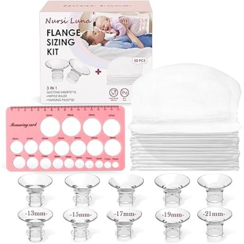 Flange Sizing Kit with Flange Inserts 13/15/17/19/21mm 10PCS, Nipple Ruler, 50 Pads, Silicone Flange Insert Kit for 24mm Most Breast Pumps, Pumping Breastfeeding Essentials for New Moms