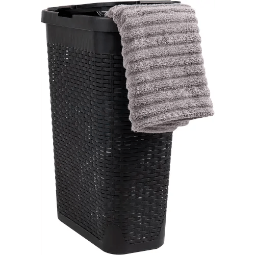 Mind Reader Slim Laundry Hamper with Lid, 40L Clothes Basket, Premium Wicker Design, Plastic, Black