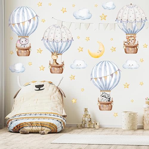 Hot Air Balloon Wall Decal,Animals Hot Air Balloon Wall Decals,Balloons Elephant Wall Stickers,White Cloud Wall Decoration Baby Nursery Girls Bedroom Toddler Room Wall Decor
